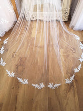 Load image into Gallery viewer, Corded lace appliqué train veil with crystal scatter