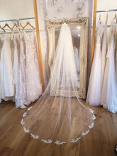Load image into Gallery viewer, Corded lace appliqué train veil with crystal scatter
