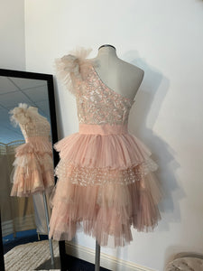 One shoulder blush peach dress