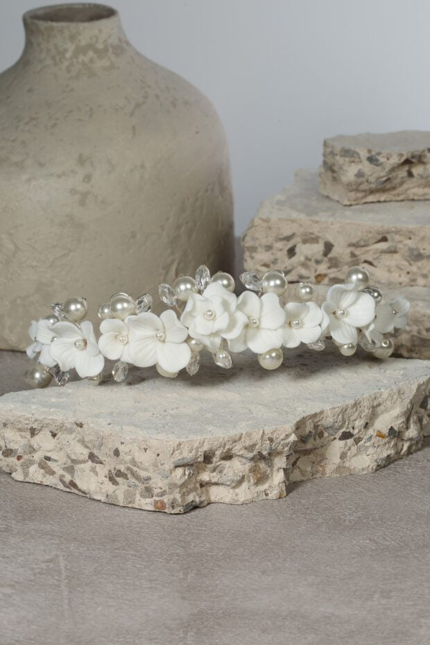 3D Porcelain Flower Pearl & Crystal Band