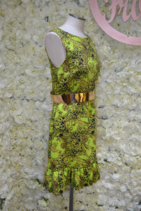 Lime Green Printed Dress with Frill