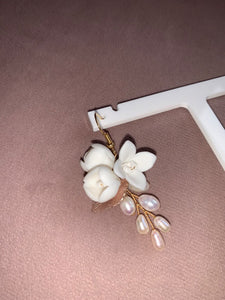 Ceramic Flower and Pearl Gold Earrings